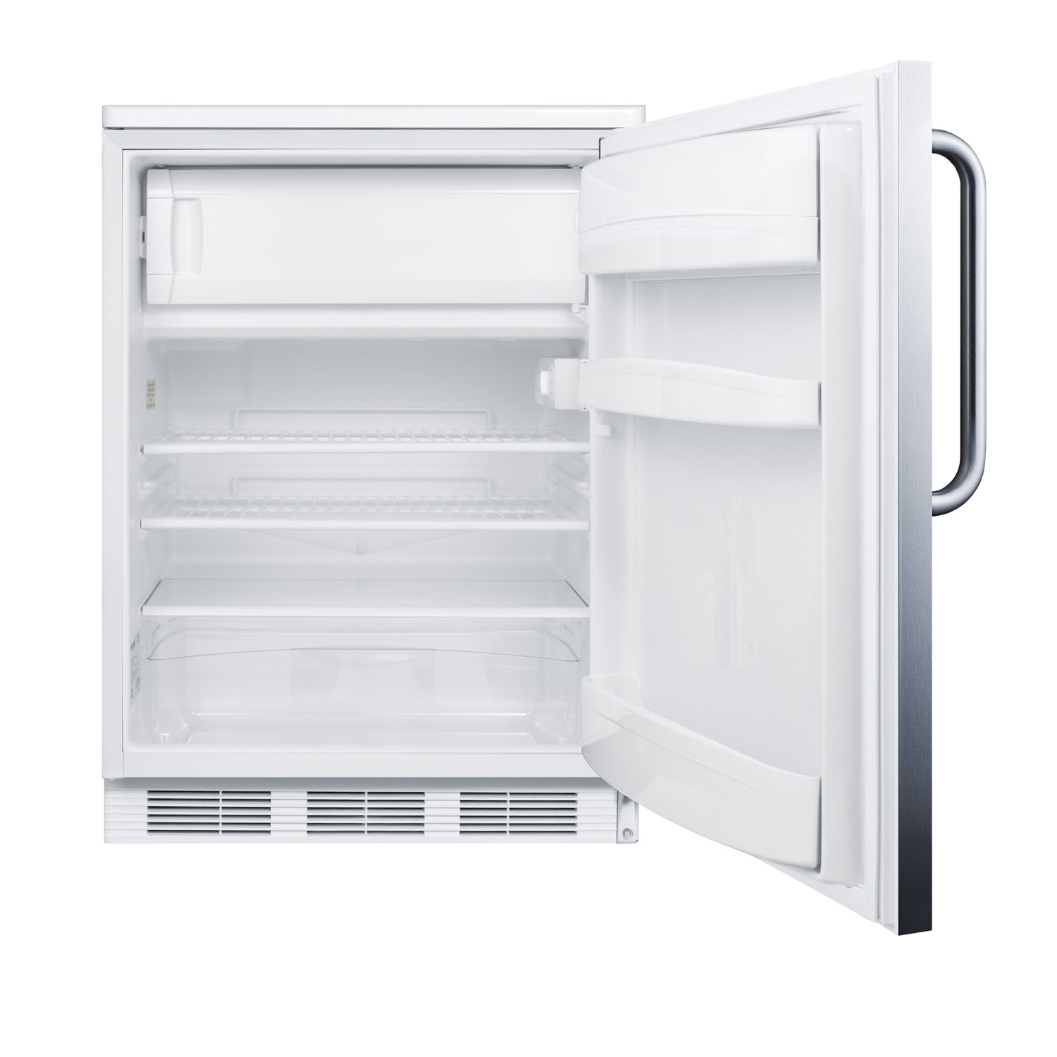 Freestanding ADA compliant refrigerator-freezer for general purpose use, w/dual evaporator cooling, cycle defrost, lock, SS door, TB handle, and white cabinet